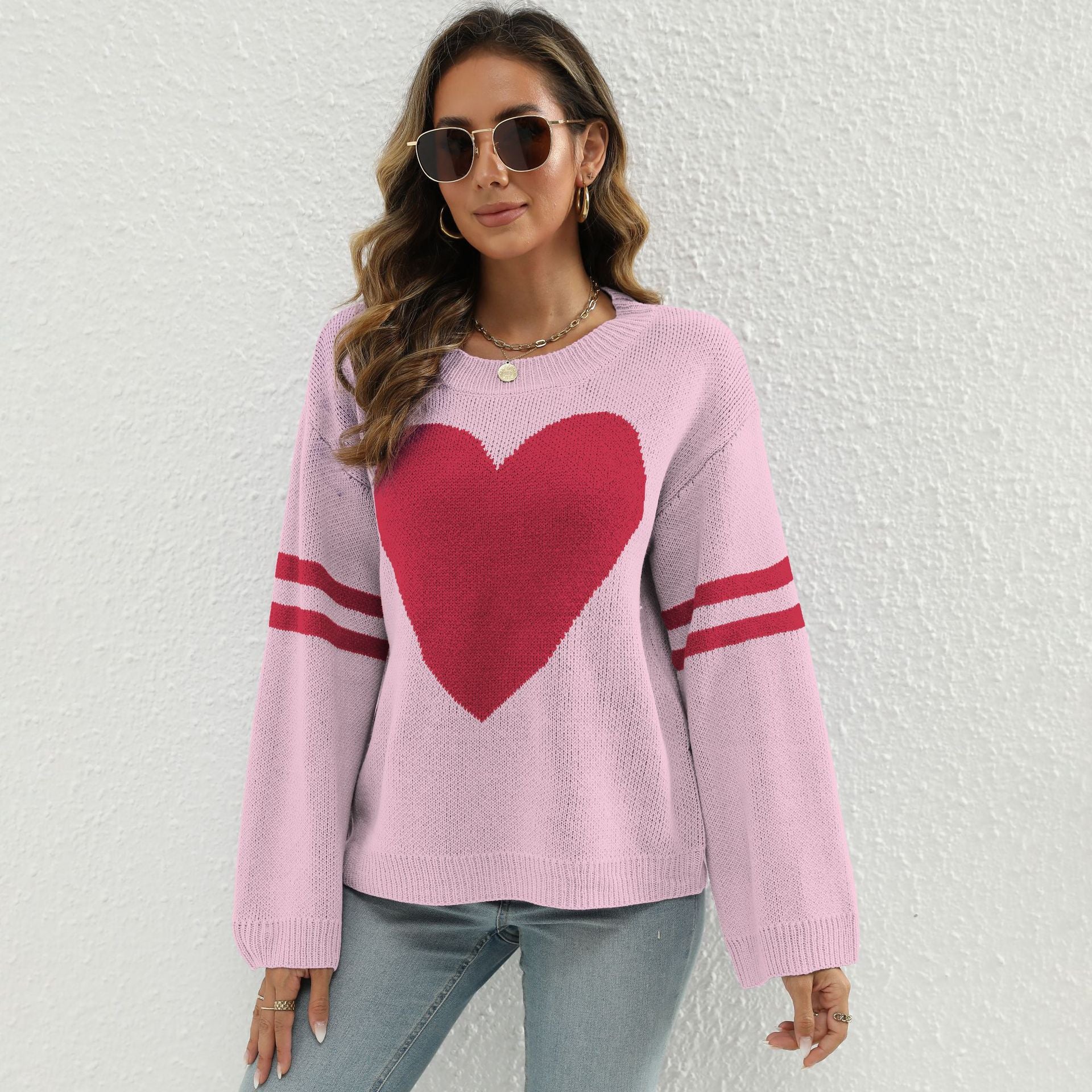 Damen Strickpullover mit Herzmotiv und lässigen Ärmelabschlüssen WW