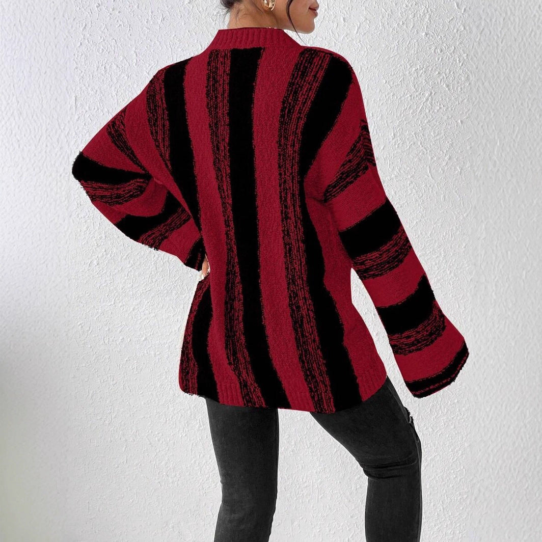 Damen Grober Strickpullover mit auffälligem Streifenmuster und lockerer Passform WW
