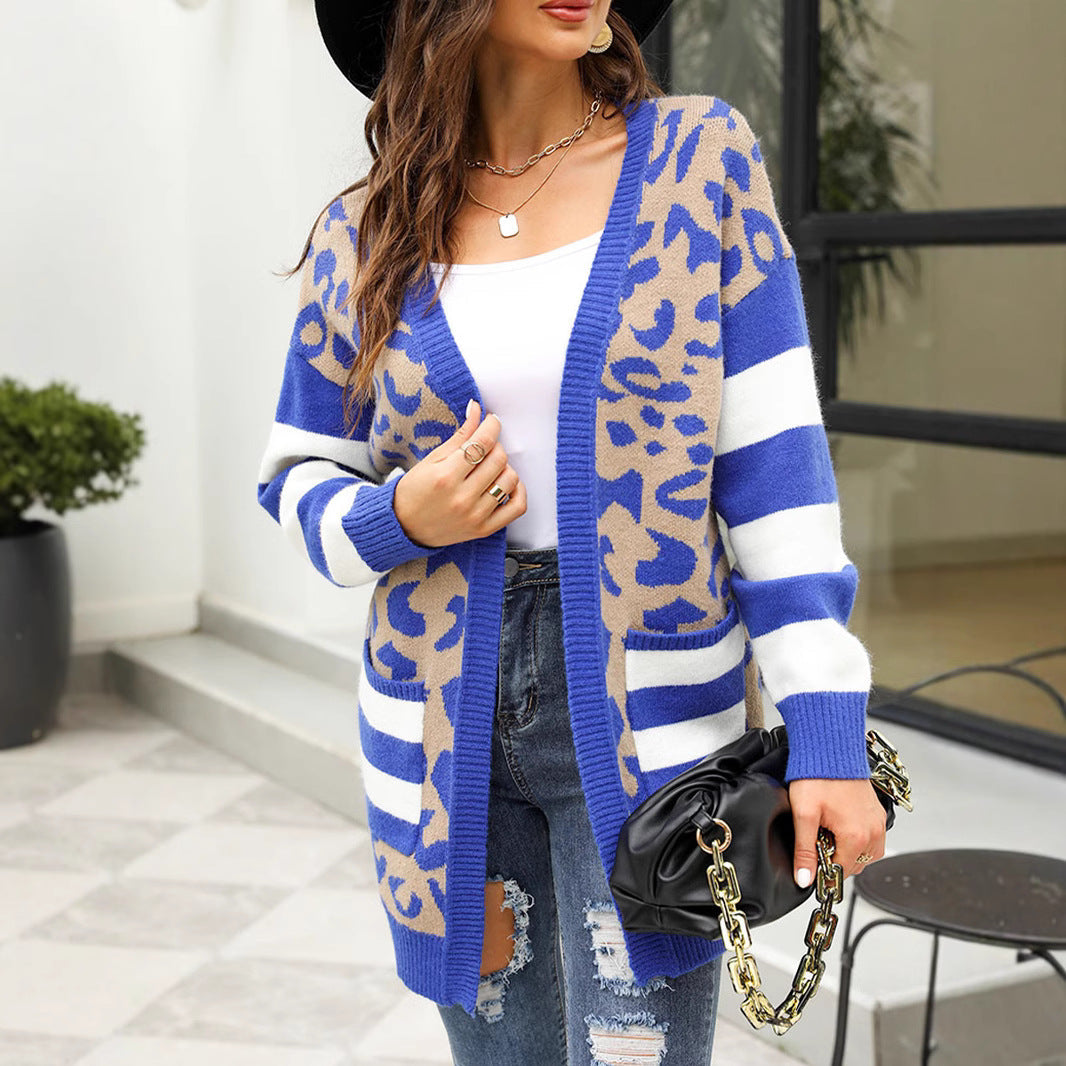 Damen lässige Strickjacke mit leopardenmuster und modernen Streifen WW