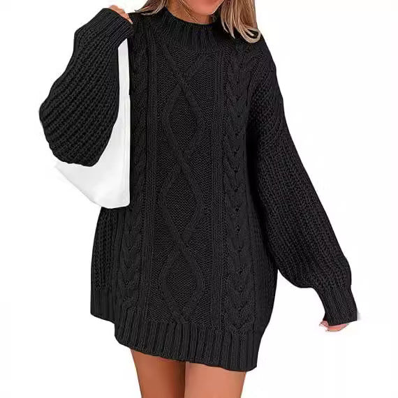 Damen Grobstrick Pulloverkleid mit asymmetrischem Saum und Zopfdesign WW