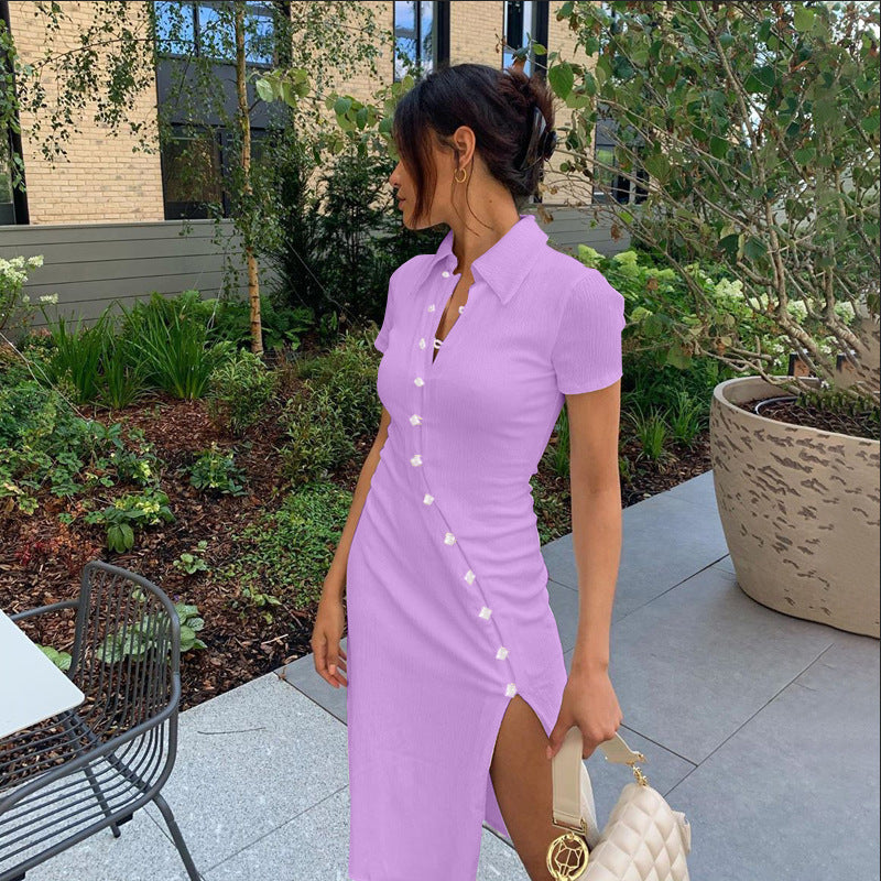Damen figurbetontes Maxikleid mit Knopfleiste und Beinschlitz WW