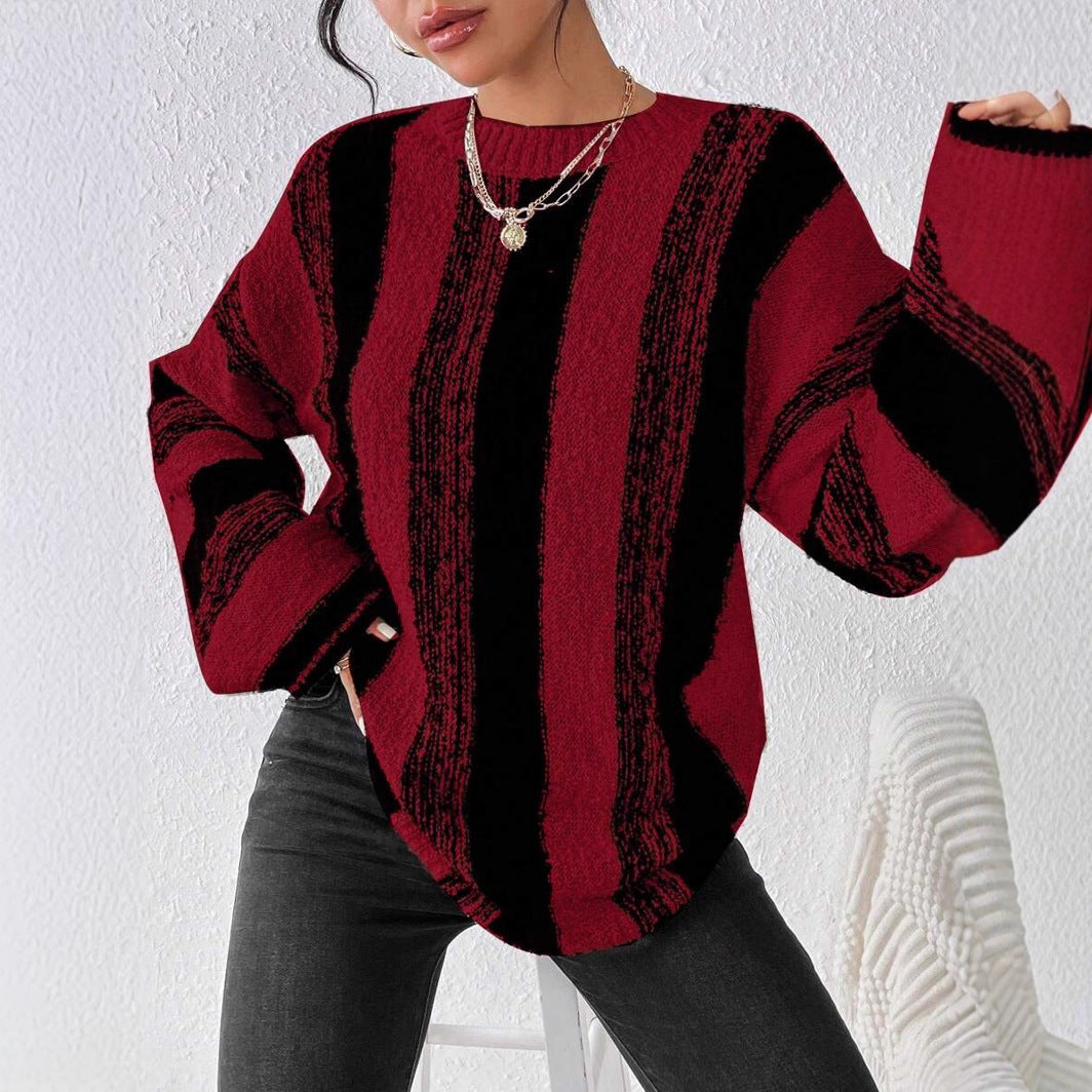 Damen Grober Strickpullover mit auffälligem Streifenmuster und lockerer Passform WW