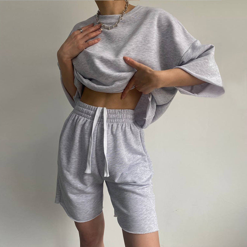 Damen lässiges Crop-Top und Shorts-Set mit weitem Schnitt WW