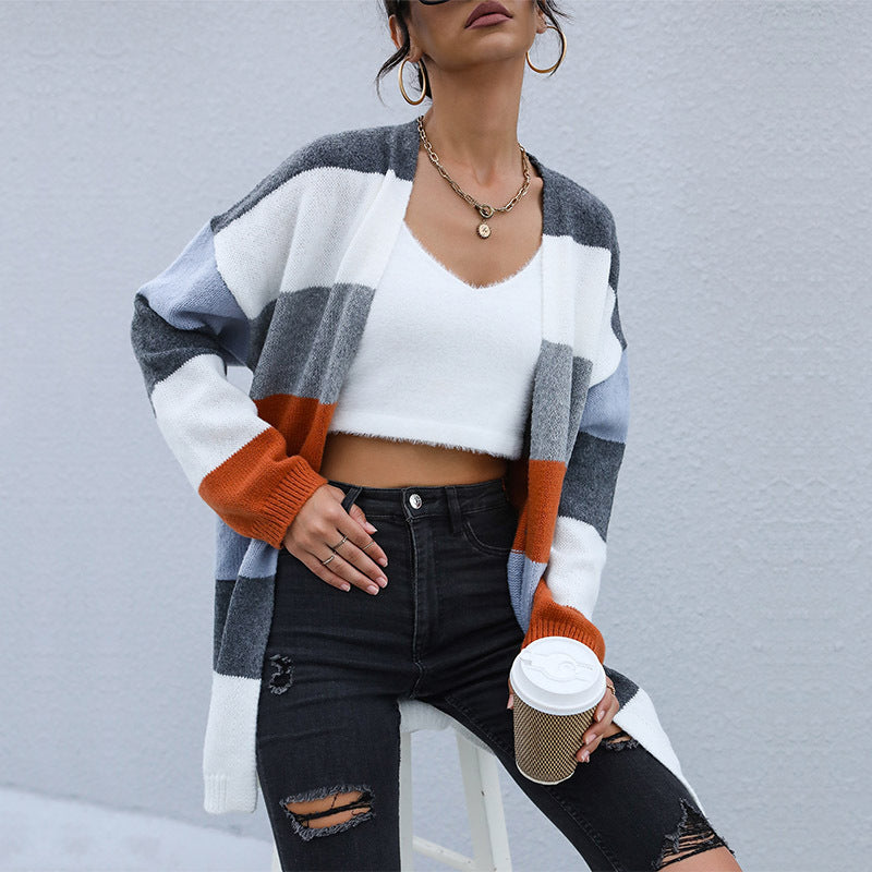 Damen Strickjacke im modischen Blockstreifen-Design WW