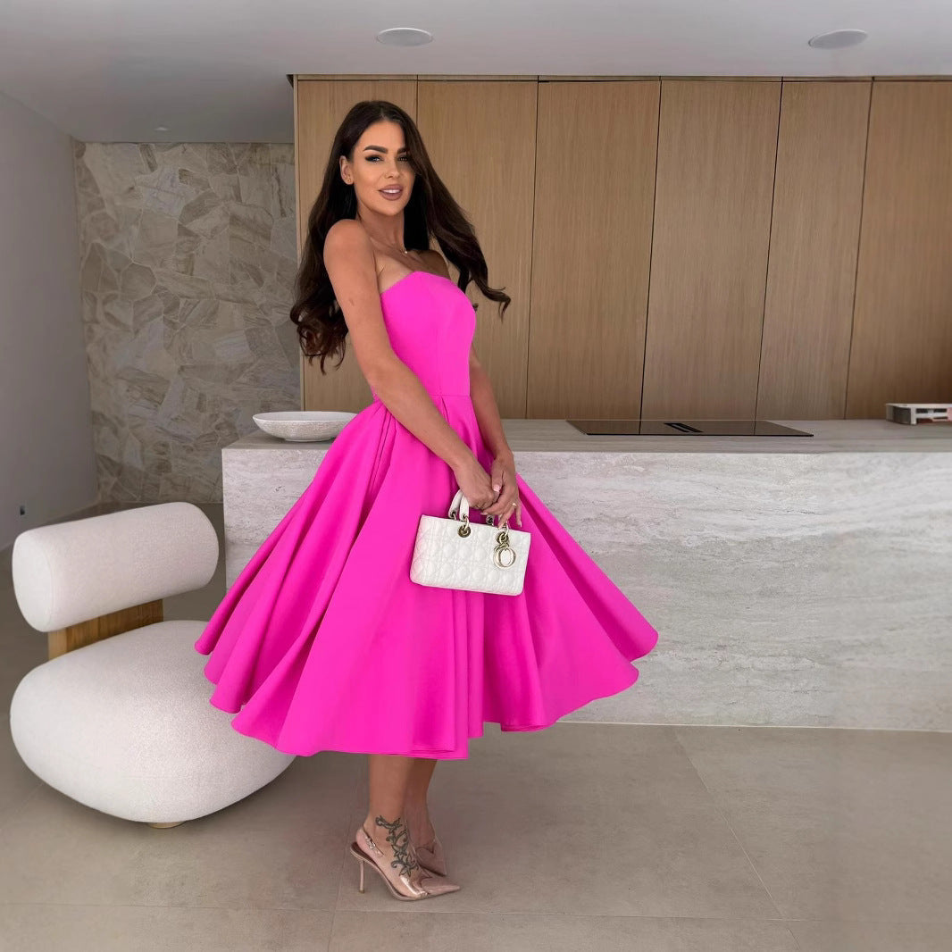 Damen A-linien Cocktailkleid mit trägerlosem Schnitt und schwingendem Rock WW