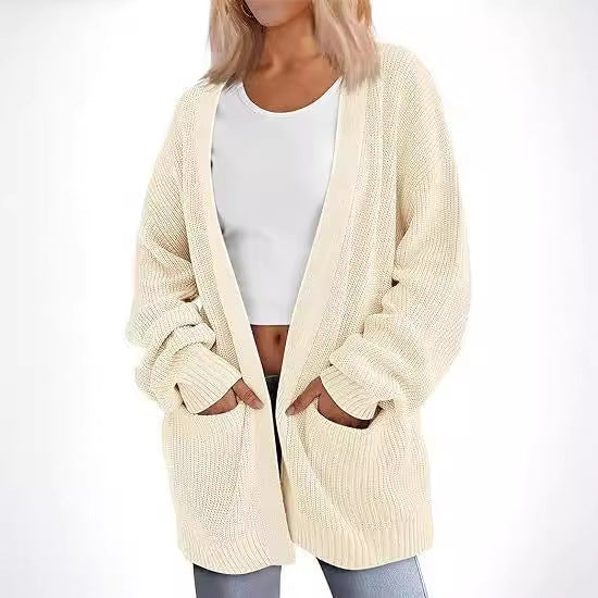 Damen Grobstrick Cardigan mit offenem Schnitt und praktischen Taschen WW