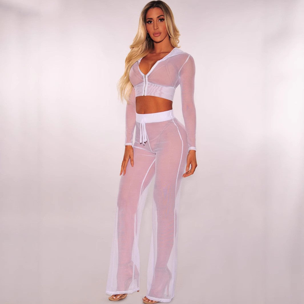 Damen Transparente Lounge-Hose mit Reißverschluss und Hohem Bund WW