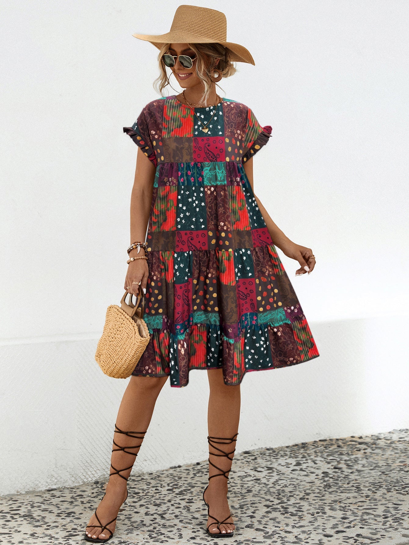 Damen Sommerkleid mit lockerem Schnitt und farbenfrohem Patchwork-Design WW