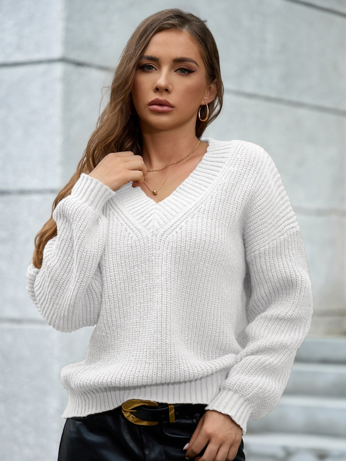 Damen gemütlicher V-Ausschnitt Strickpullover mit lockerem Schnitt und strukturiertem Muster WW