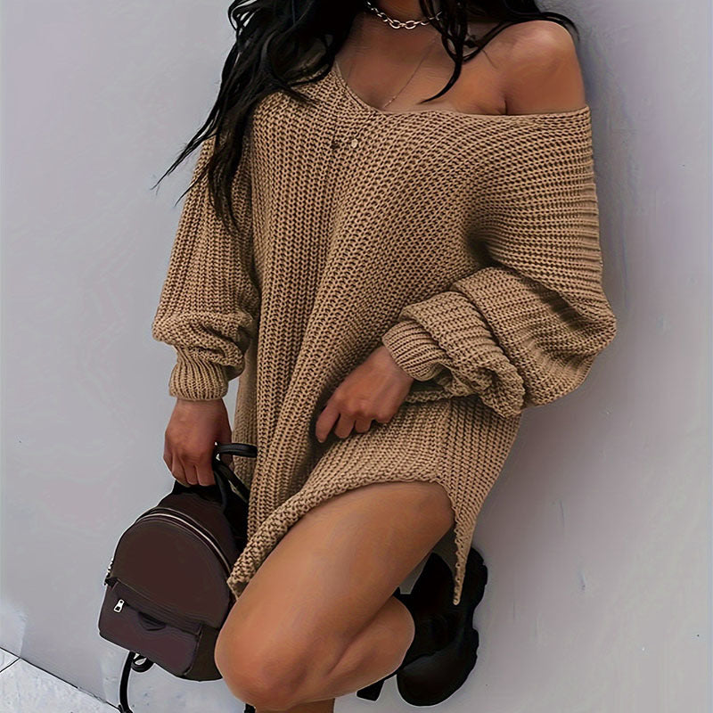Damen lässiges Oversized-Strickkleid mit weitem Ausschnitt WW