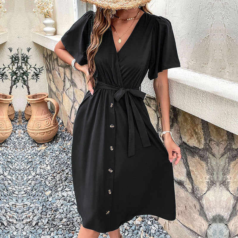 Damen Midi-Kleid mit eleganter Wickeloptik und praktischen Knopfdetails WW