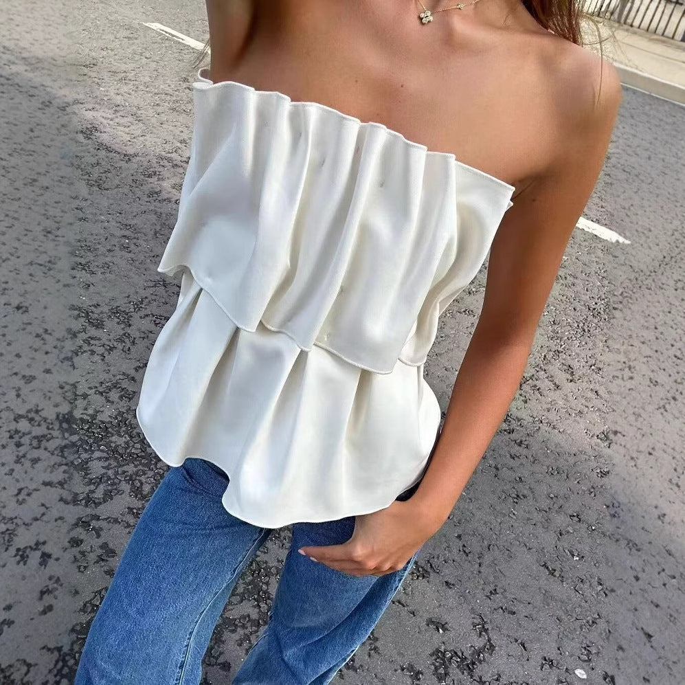Damen ärmelloses Blusentop mit voluminösem Rüschendesign WW