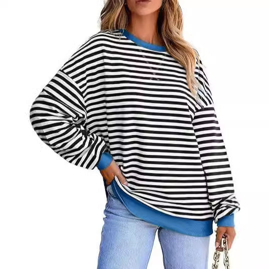 Damen lässiger gestreifter Sweatshirt mit Oversize-Schnitt und bequemen Details WW