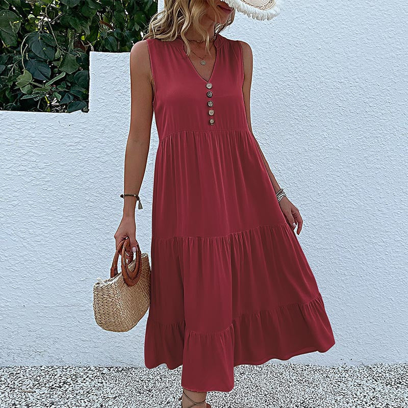 Damen Maxikleid mit Knopfdetail und voluminösem Rock WW
