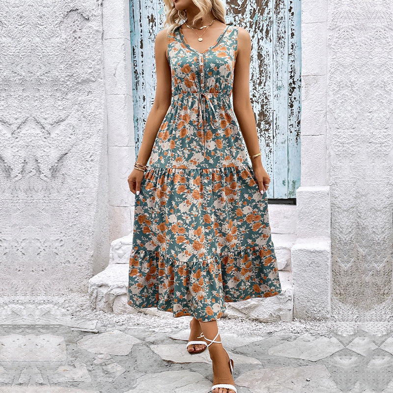 Damen Maxikleid mit V-Ausschnitt, Rüschensaum und taillierbarem Gürtel WW