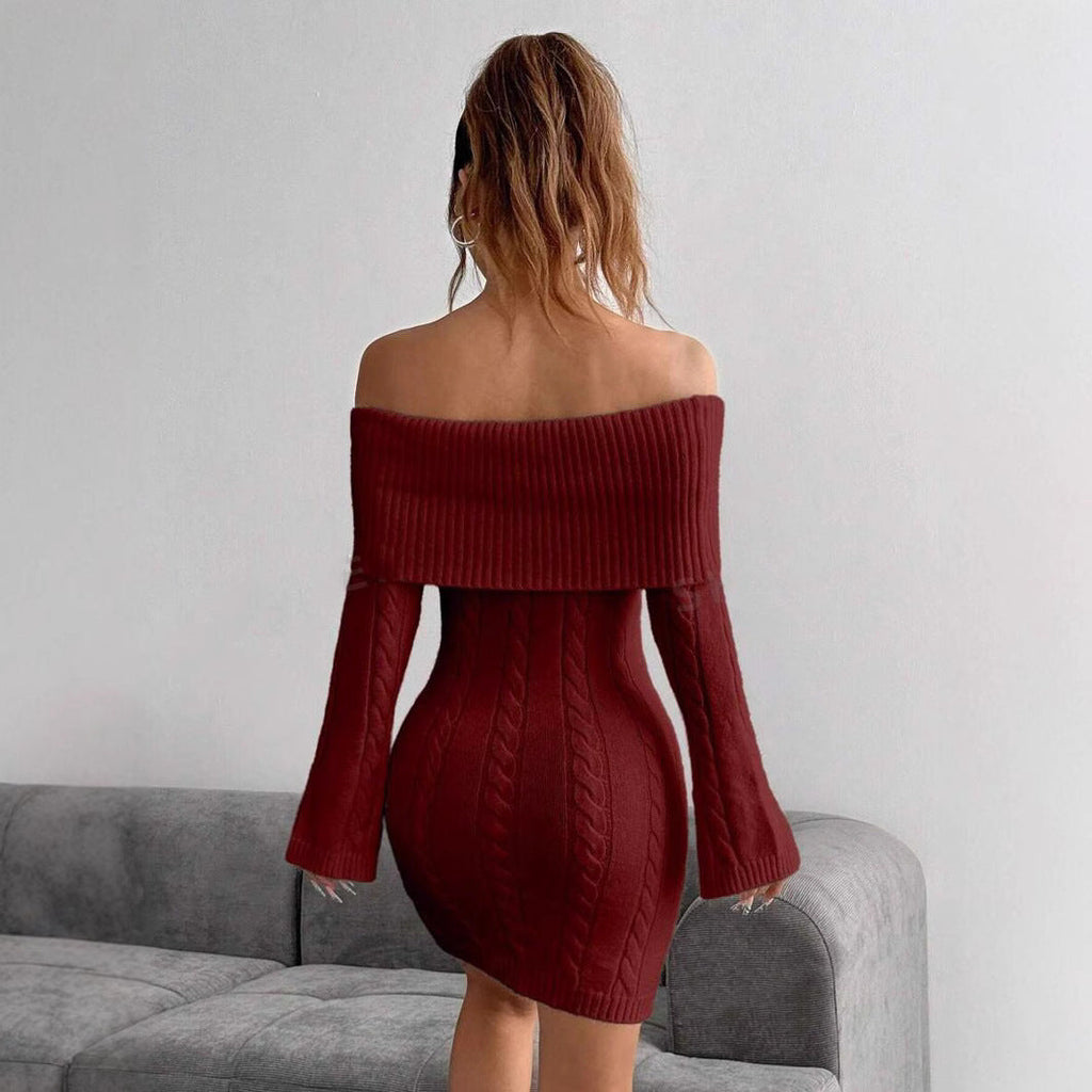 Damen figurbetontes Strickkleid mit weitem Ausschnitt WW