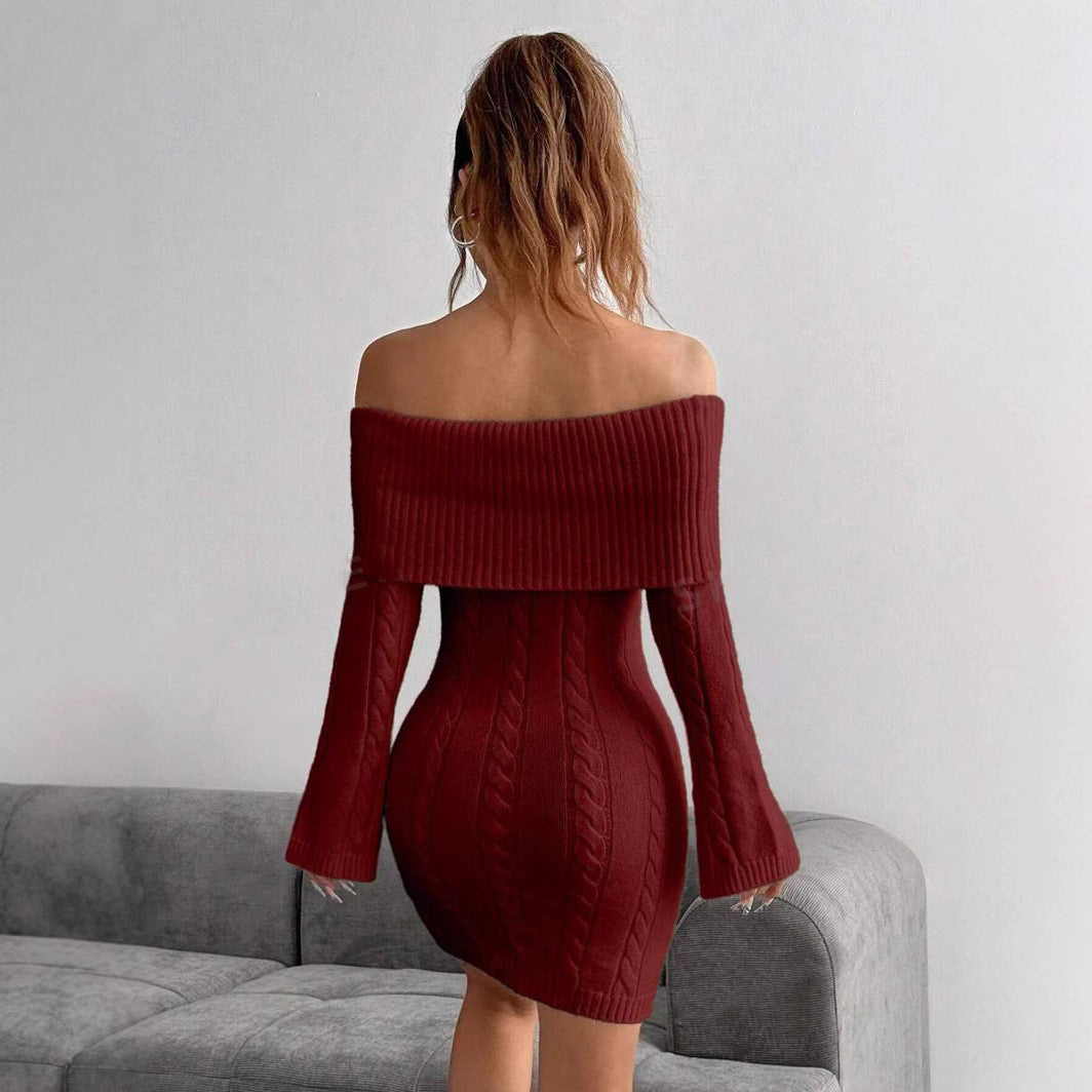 Damen figurbetontes Strickkleid mit weitem Ausschnitt WW