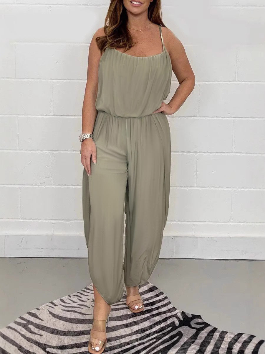 Damen luftiger Jumpsuit mit weitem Schnitt und verstellbaren Trägern WW