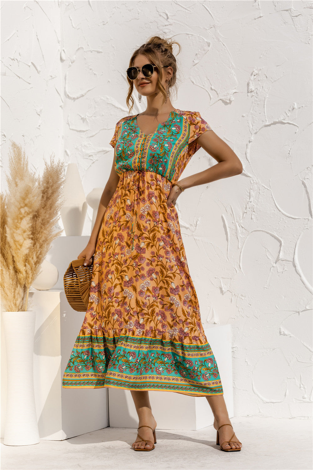 Damen Maxikleid mit romantischem Blumenmuster und Einsatzdetails WW