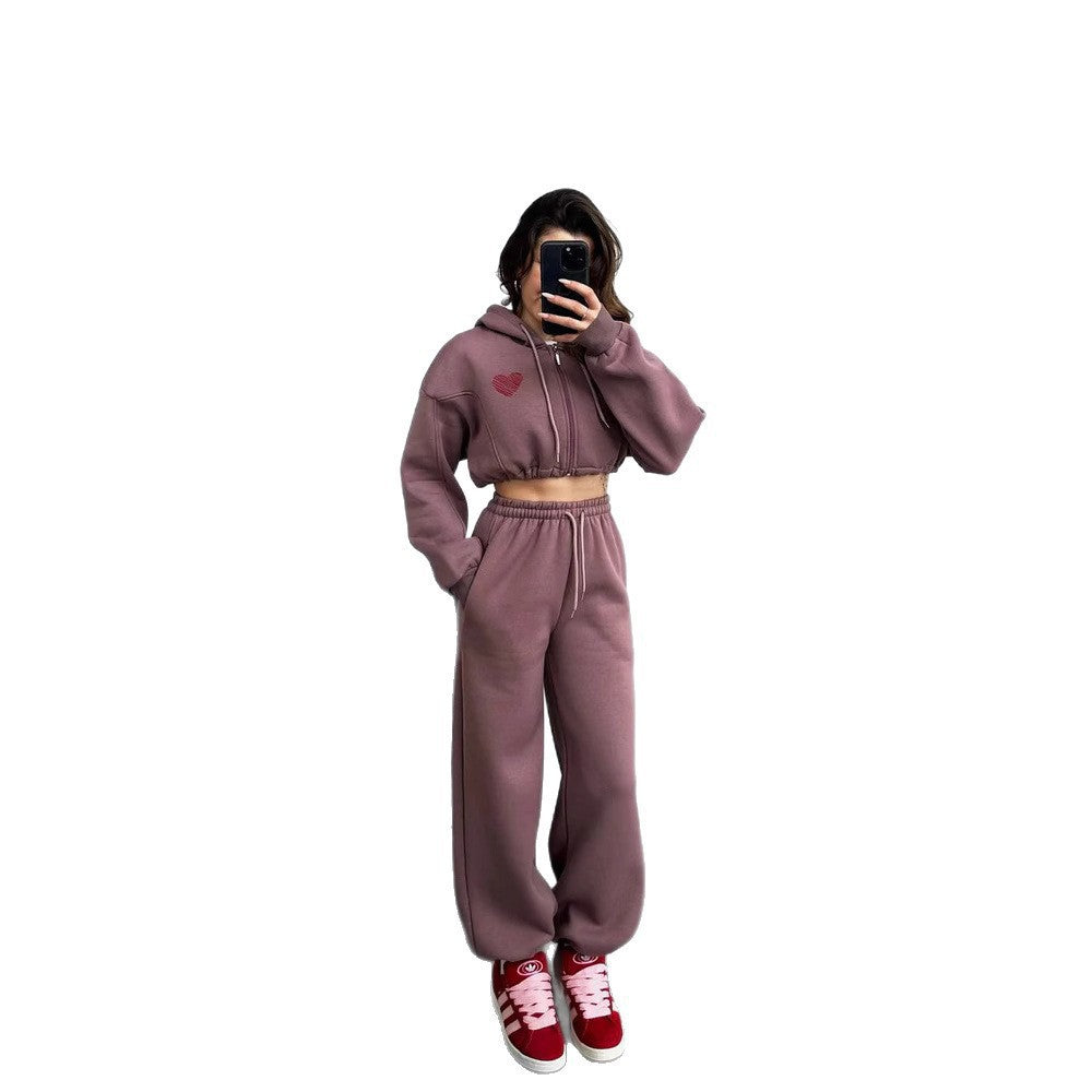 Damen lässiger Kapuzencropped-Pullover und Jogginghose Set mit hohem Bund WW