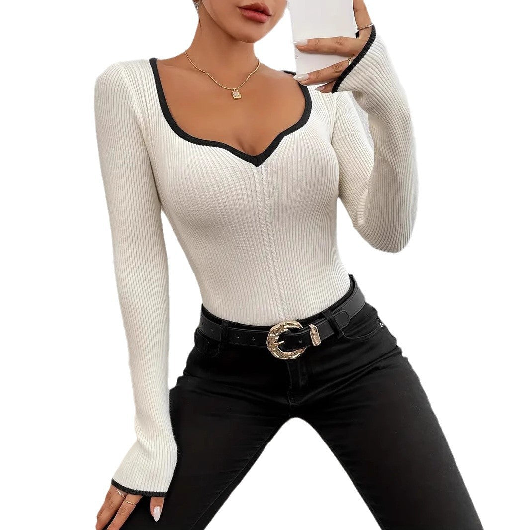 Damen Langarm Body mit V-Ausschnitt und feinen Rippdetails WW