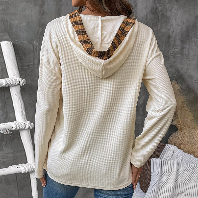 Damen Langarm Kapuzenpullover mit dekorativem Knopf- und Karodetail WW