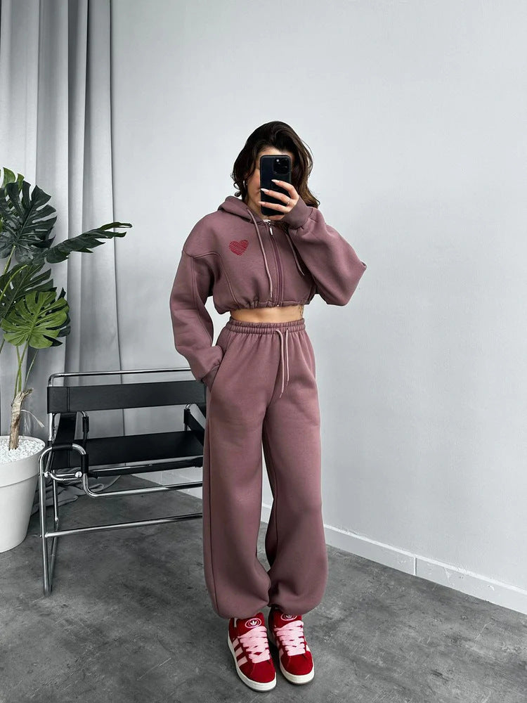 Damen lässiger Kapuzencropped-Pullover und Jogginghose Set mit hohem Bund WW