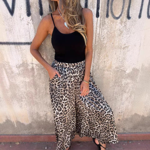 Damen Schlaghose mit modernem Leopardenmuster und hoher Taille WW