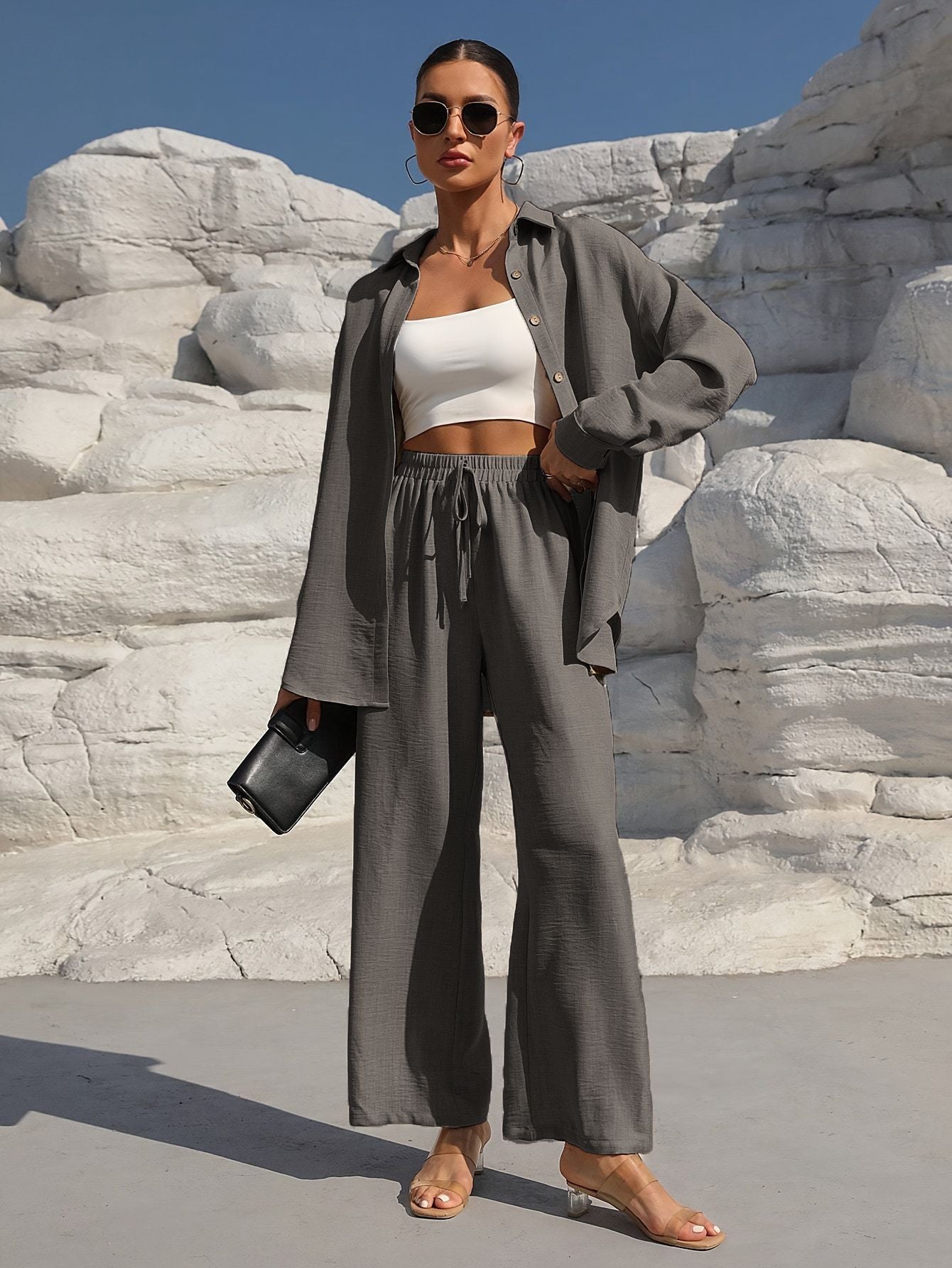 Damen elegantes Lounge-Set aus leichtem Stoff mit weitem Schnitt WW