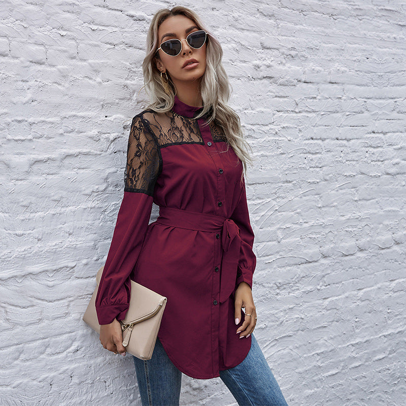 Damen Hemdblusenkleid mit transparenter Spitzenoptik und tailliertem Gürtel WW