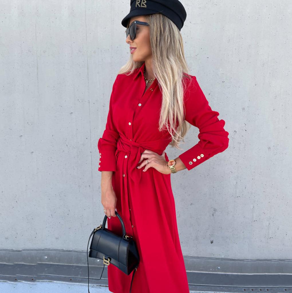 Damen Hemdblusenkleid mit Taillengürtel und seitlichem Schlitz WW