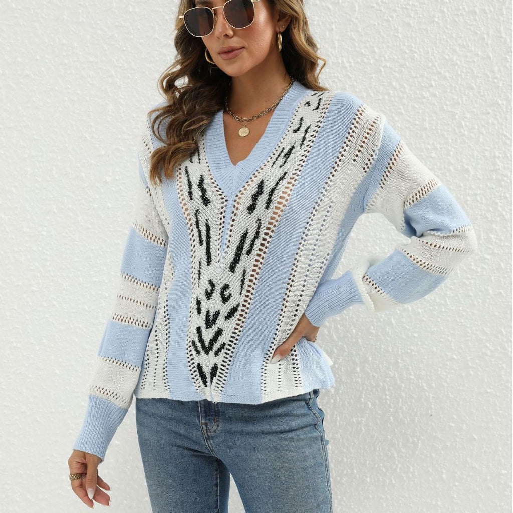 Damen Modischer V-Pullover mit strukturiertem Lochmuster und kontrastierenden Akzenten WW
