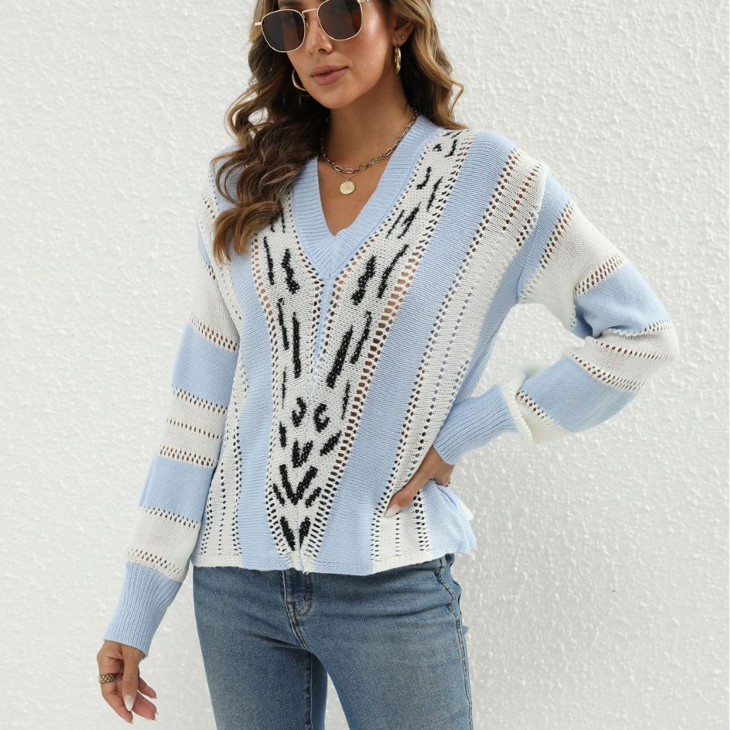 Damen Modischer V-Pullover mit strukturiertem Lochmuster und kontrastierenden Akzenten WW