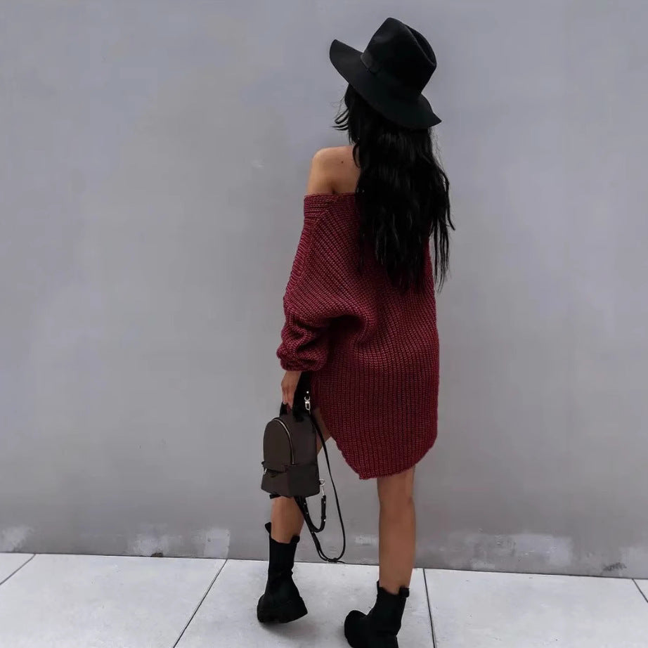 Damen Oversize Strickpullover mit offener Schulter WW