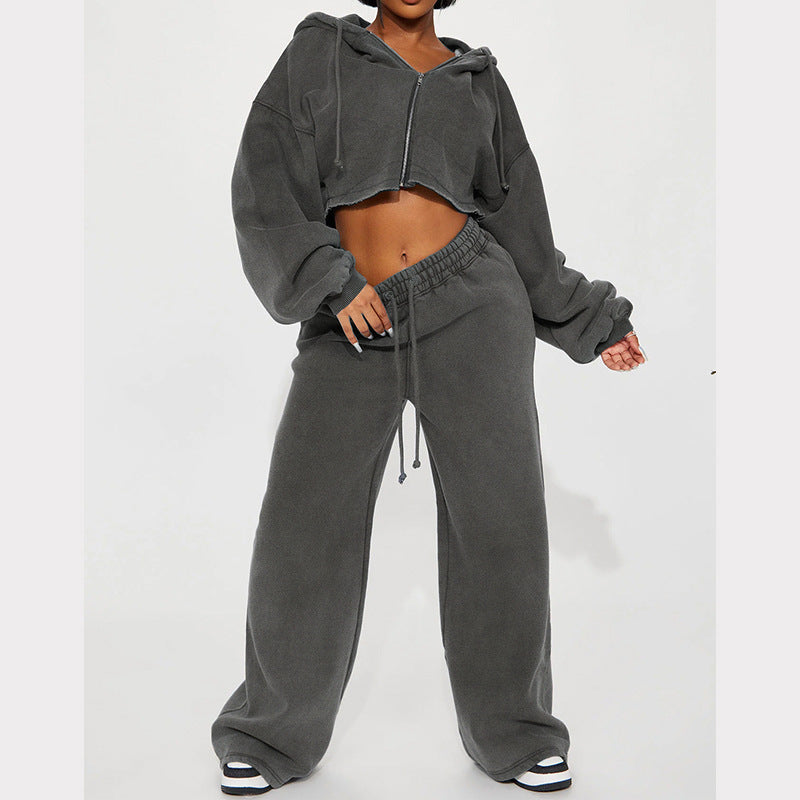 Damen lässiges Fleece-Set mit kurzem Hoodie und weiten Hosen WW
