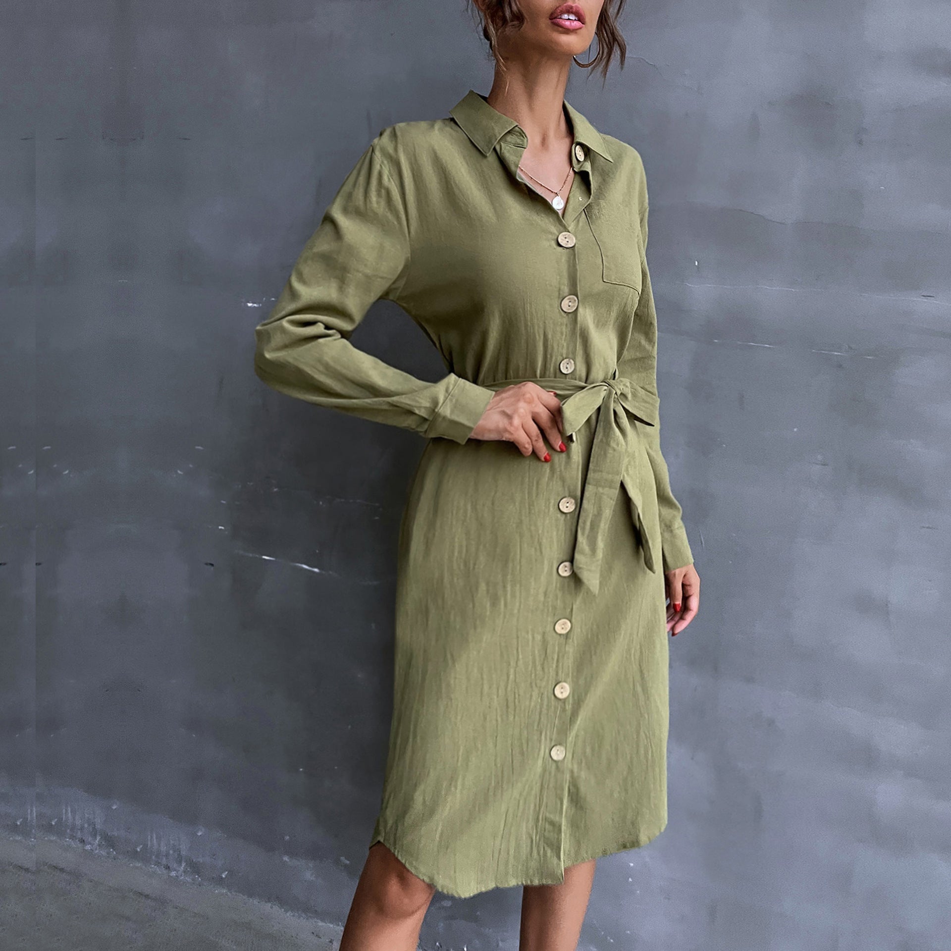 Damen Hemdblusenkleid mit Taillengürtel und praktischen Knopfdetails WW