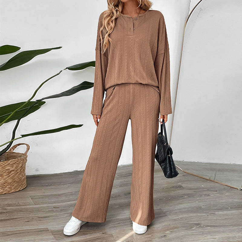 Damen Gemütliches Strickset mit weitem Bein und Knopfleiste WW