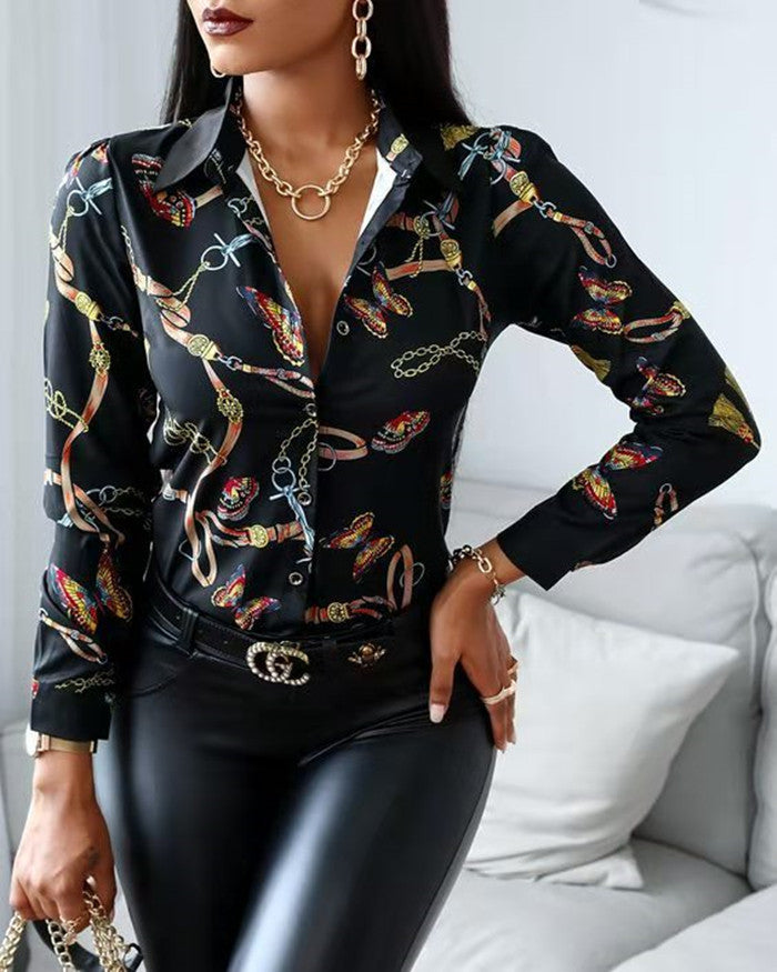 Damen elegante Bluse mit künstlerischem Druck und dekorativen Akzenten WW