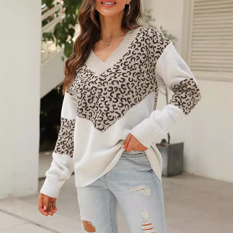 Damen Modischer Pullover mit einzigartigem Leopardenmuster und V-Ausschnitt WW