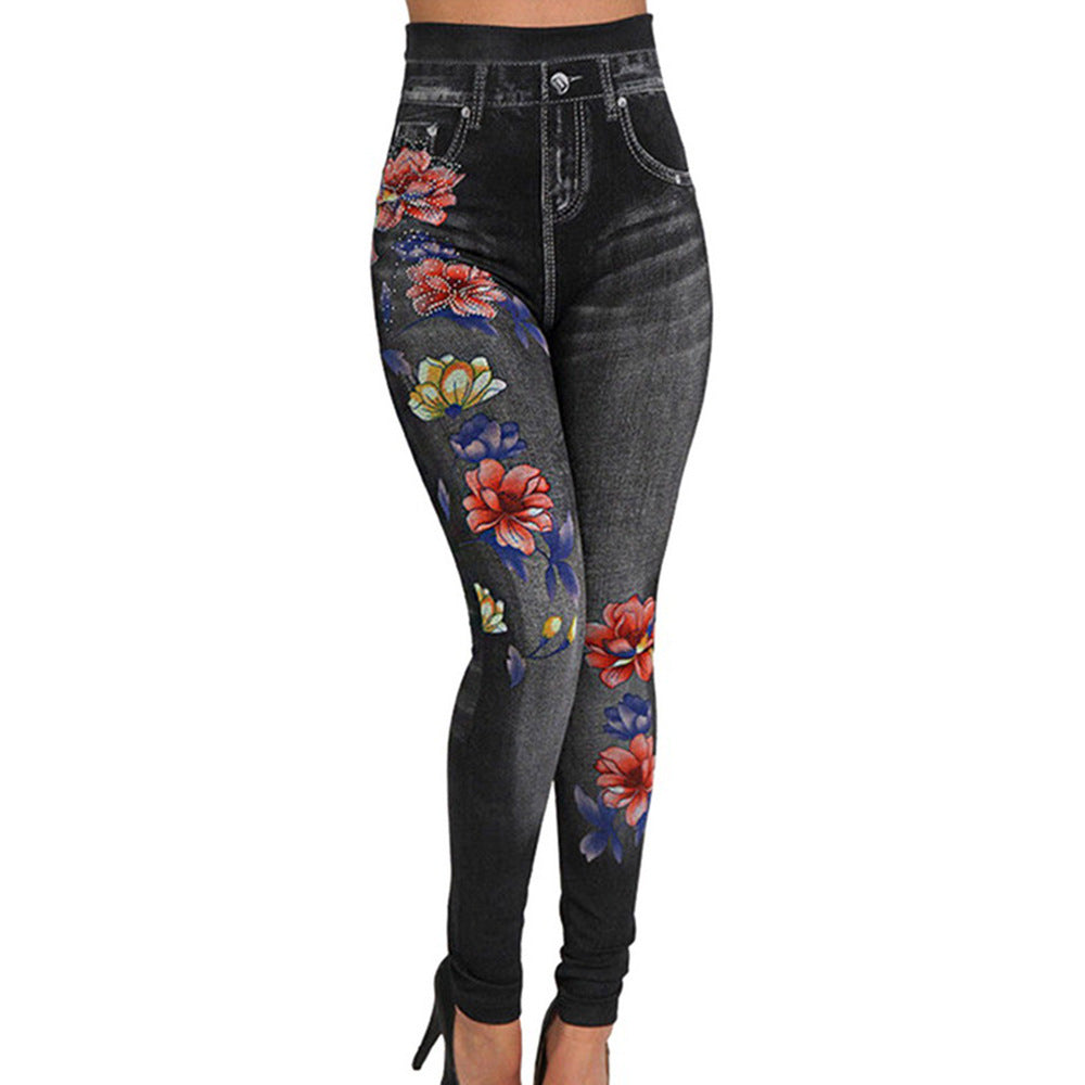 Damen Hochtaillierte Leggings im Jeans-Look mit floralem Motiv WW