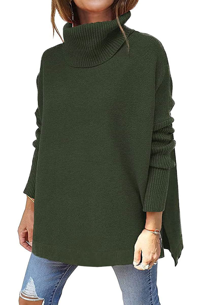 Damen Strickpullover mit hohem Kragen und seitlichen Schlitzen WW