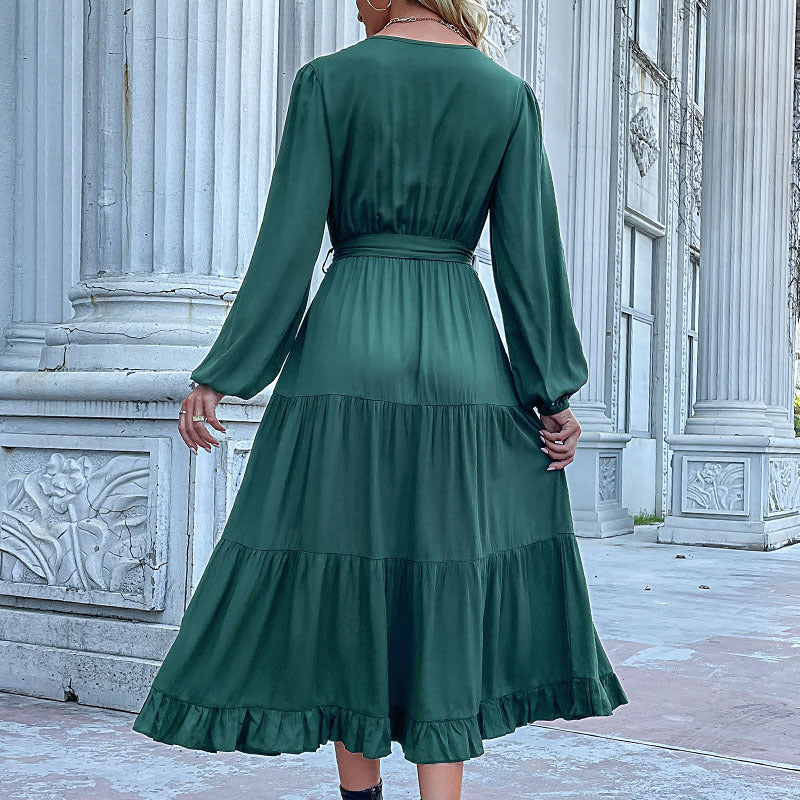 Damen Maxikleid mit Knopfleiste, Taillengürtel und Rüschensaum WW