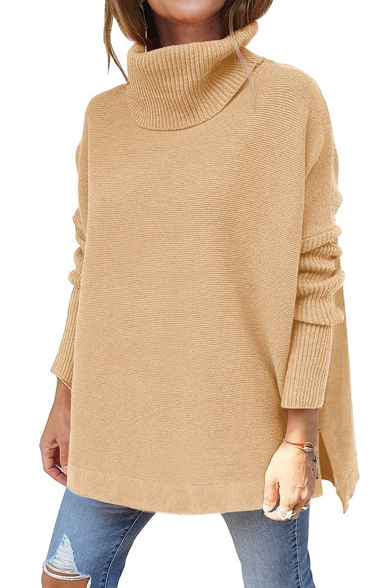 Damen Strickpullover mit hohem Kragen und seitlichen Schlitzen WW
