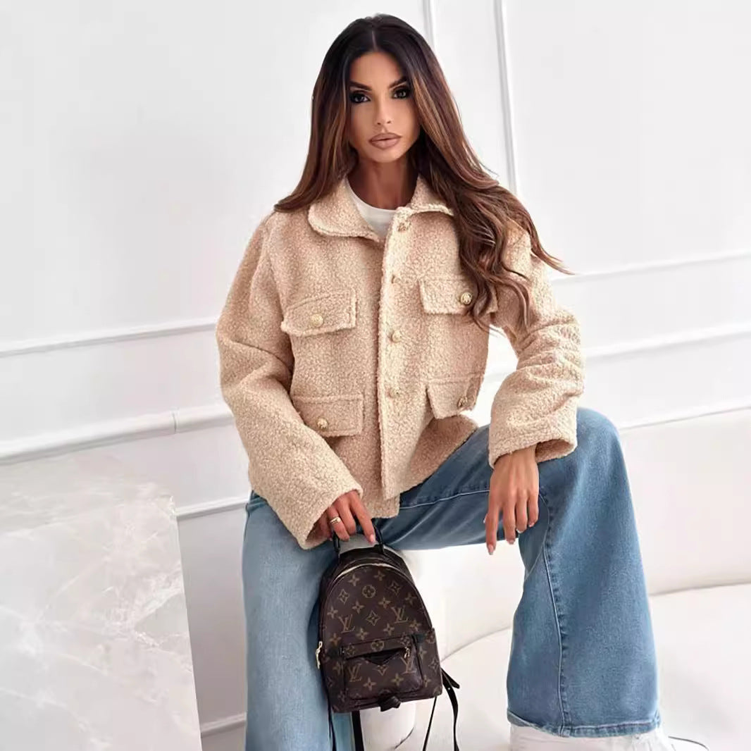 Damen kuschelige Teddyjacke mit modernem Schnitt und großen Taschen WW