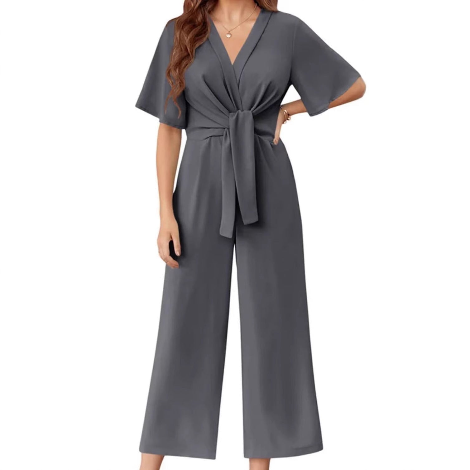 Damen Jumpsuit mit Taillenknoten und weitem Bein WW