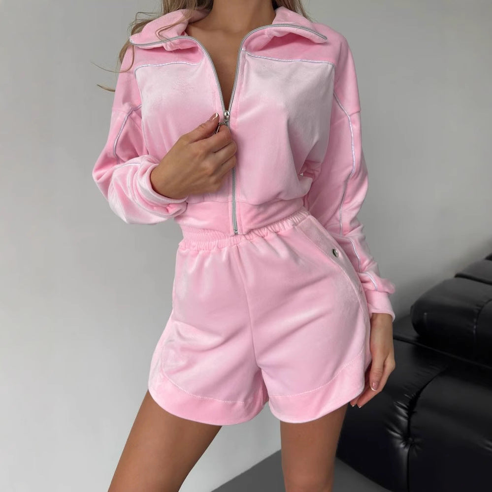 Damen sportliches Fleece-Crop-Set mit Reißverschluss und Druckknöpfen WW