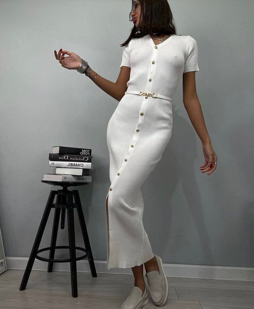 Damen Midi-Kleid mit strukturiertem Rippdesign und Knopfleiste WW