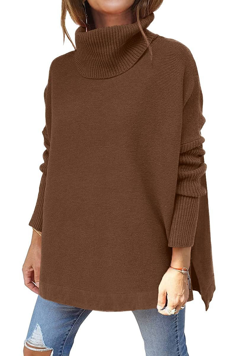 Damen Strickpullover mit hohem Kragen und seitlichen Schlitzen WW