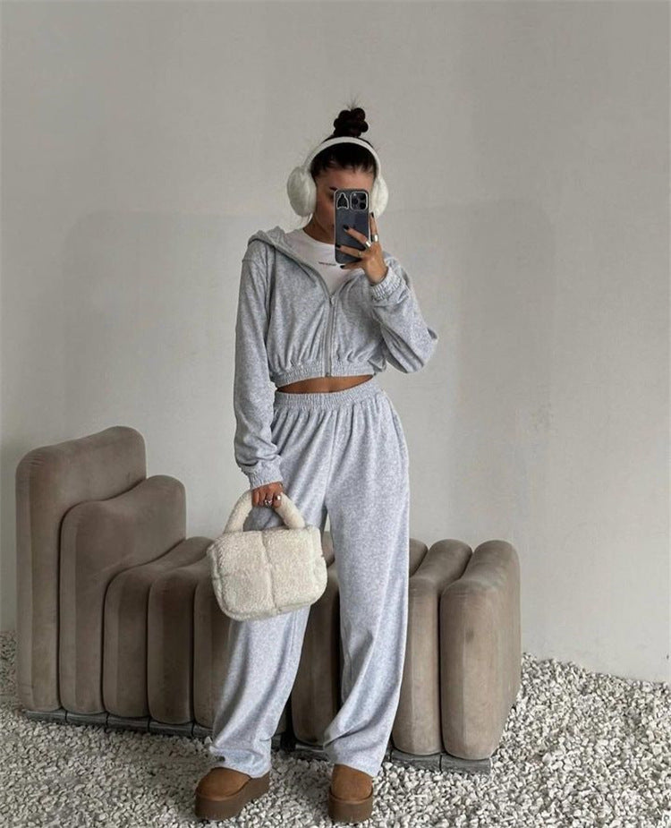 Damen sportliches Fleece-Jogginganzug mit modischem Schnitt und elastischem Bund WW