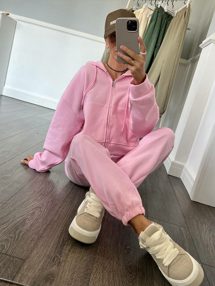 Damen sportliches Fleece-Jogginganzug mit praktischer Kapuze und elastischem Bund WW
